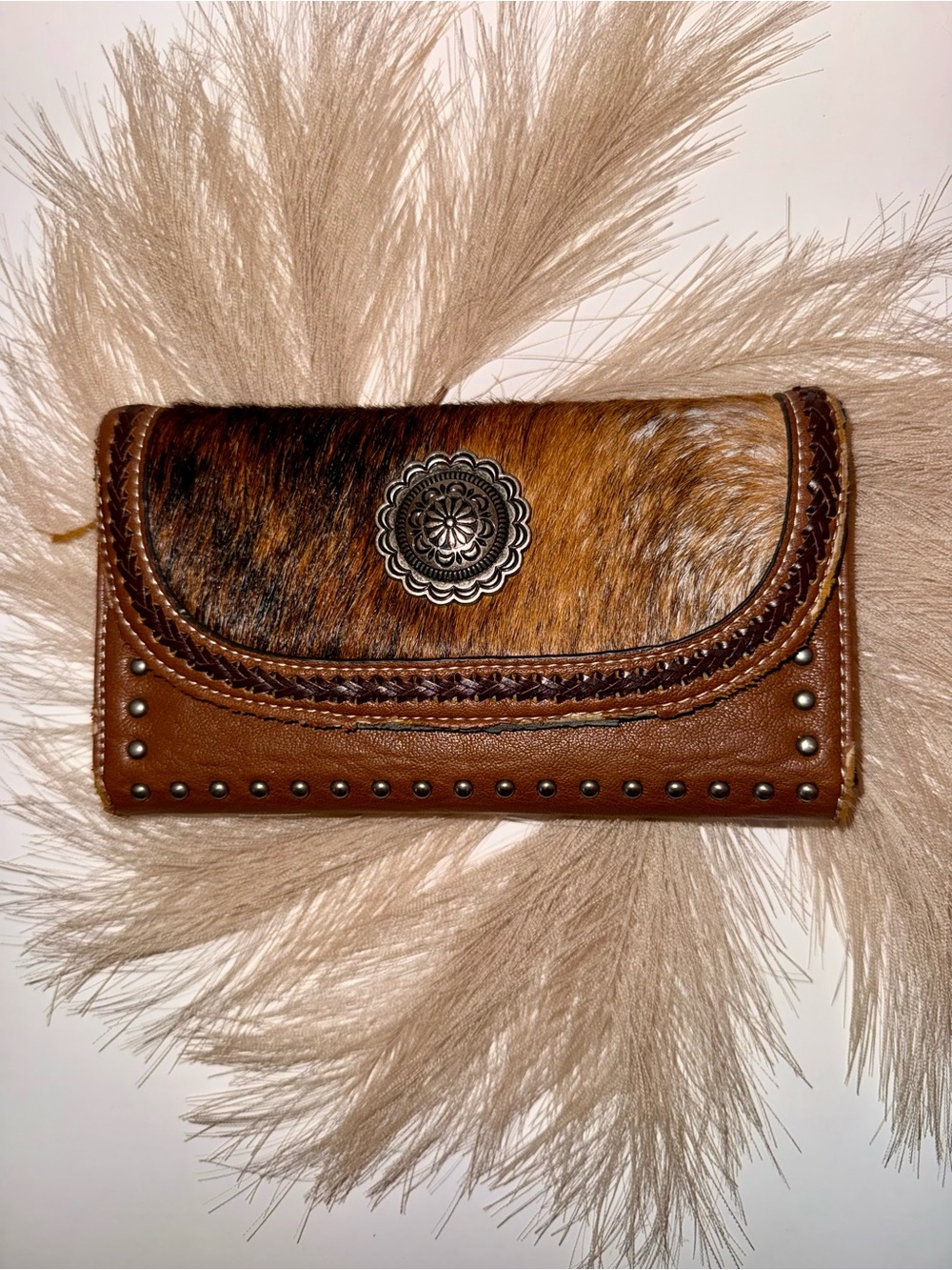 Hair-on-hide leather wallet, western style